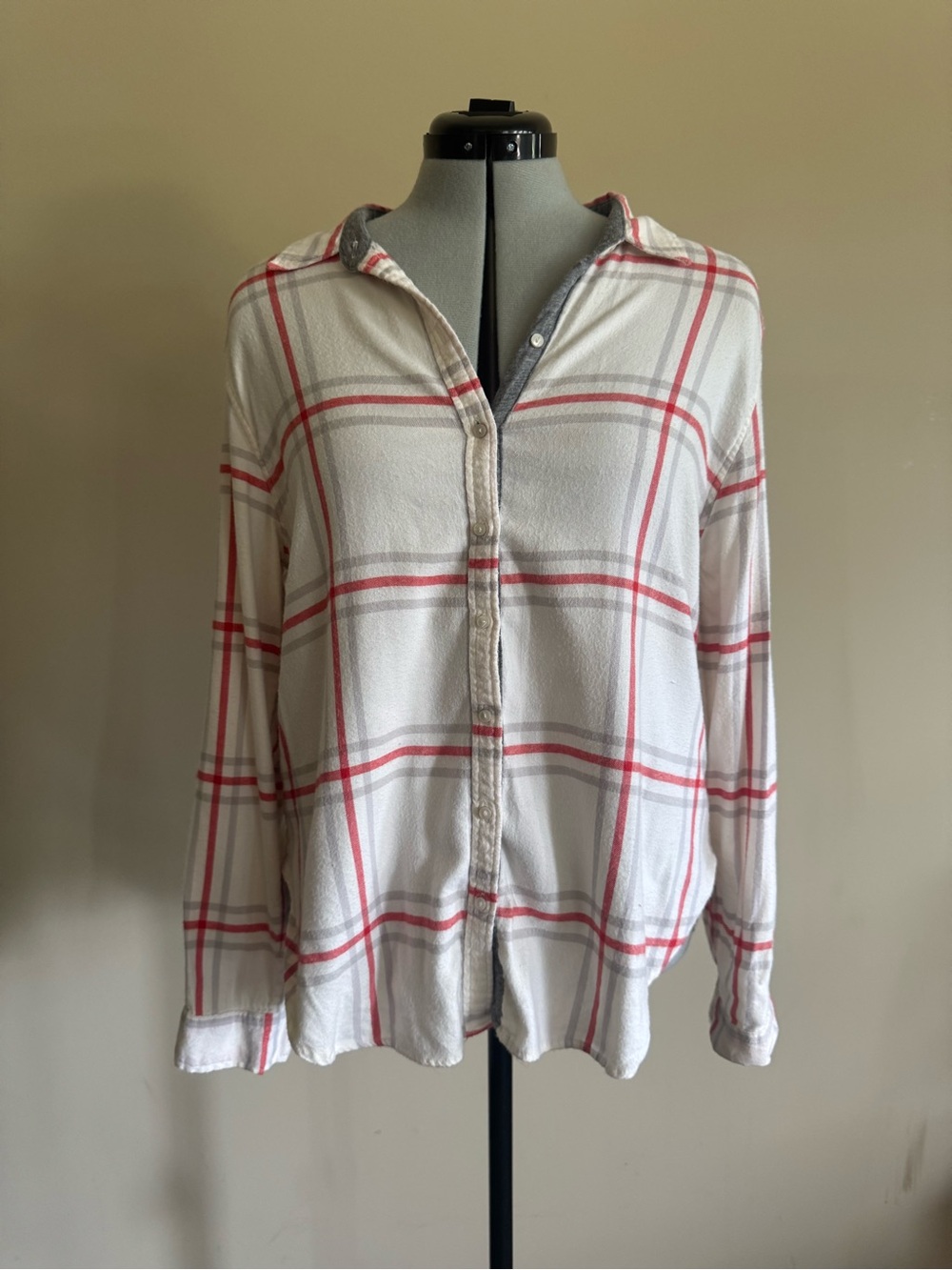aerie flannel White Plaid Button-Down Shirt with Red Stripes - size Large